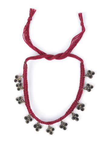 Set Of 2: Tasha Maroon Thread & Antique Plated Brass Beaded Anklets